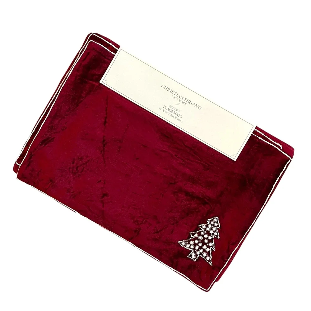 Christian Siriano Christmas Red Velvet Velour Beaded Tree Placemat Set of 4 New